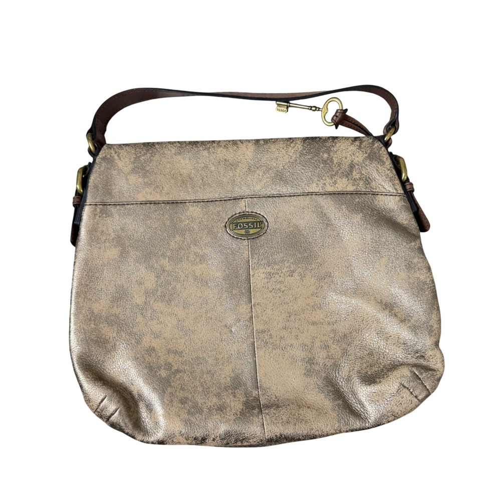 Fossil Metallic Bronze Distressed Leather Shoulder Bag Hobo Purse Brown Trim
